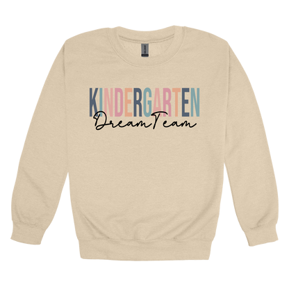 Kindergarten Dream Team design shown on Sand adult Gildan crewneck sweatshirt.