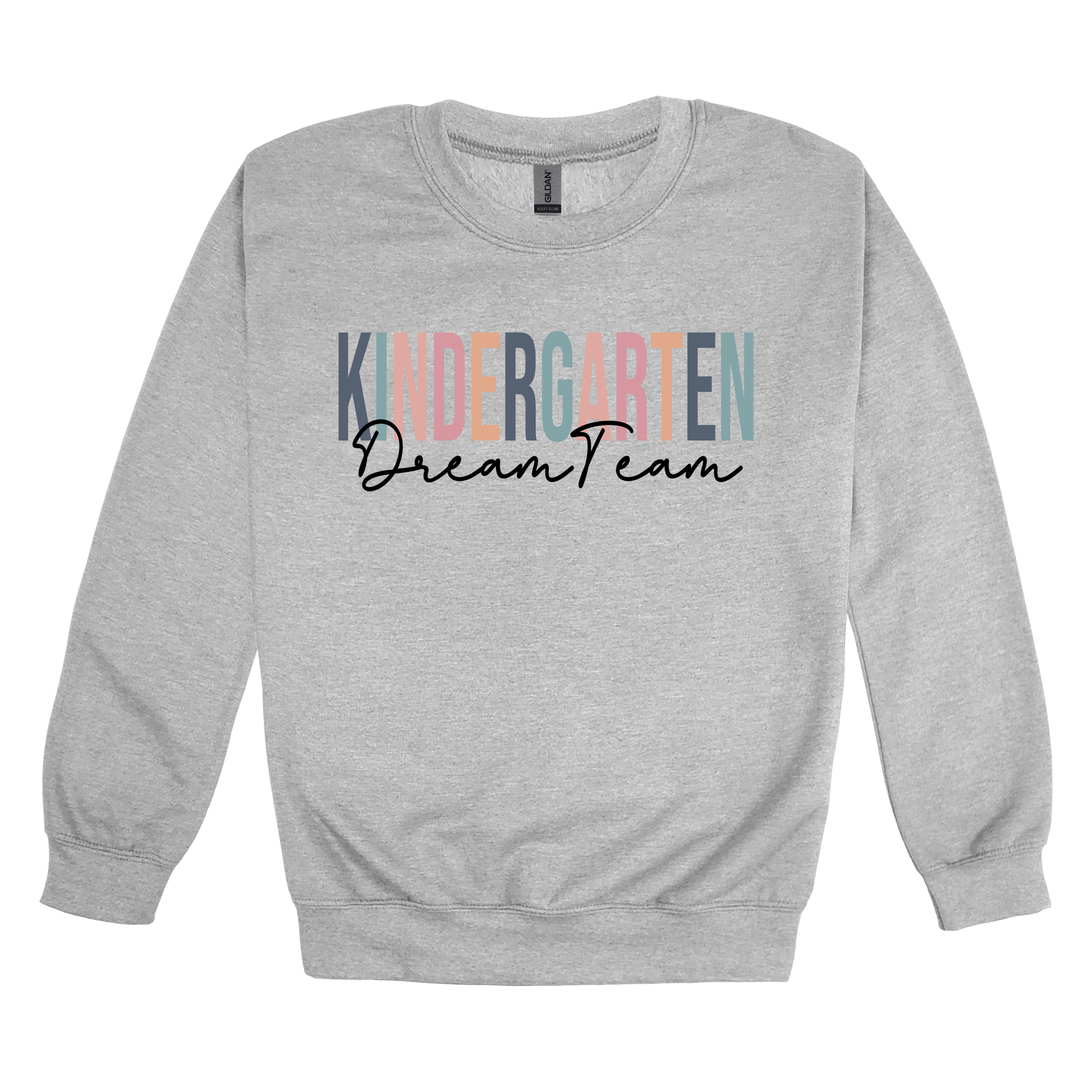 Kindergarten Dream Team design shown on Sport Gray adult Gildan crewneck sweatshirt.
