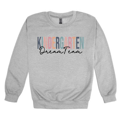 Kindergarten Dream Team design shown on Sport Gray adult Gildan crewneck sweatshirt.