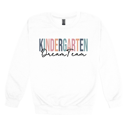 Kindergarten Dream Team design shown on White adult Gildan crewneck sweatshirt.