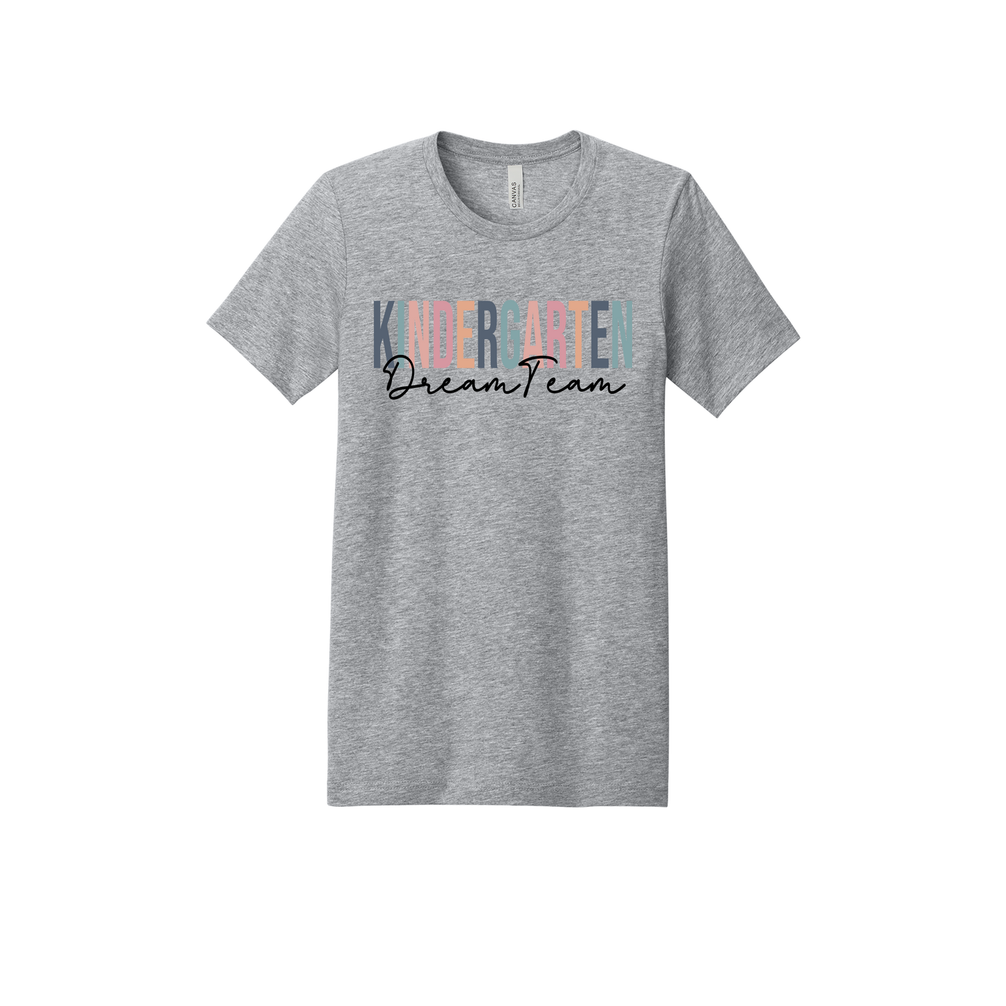 Kindergarten Dream Team design shown on Heather Athletic Gray adult Bella+Canvas 3001 T-shirt.