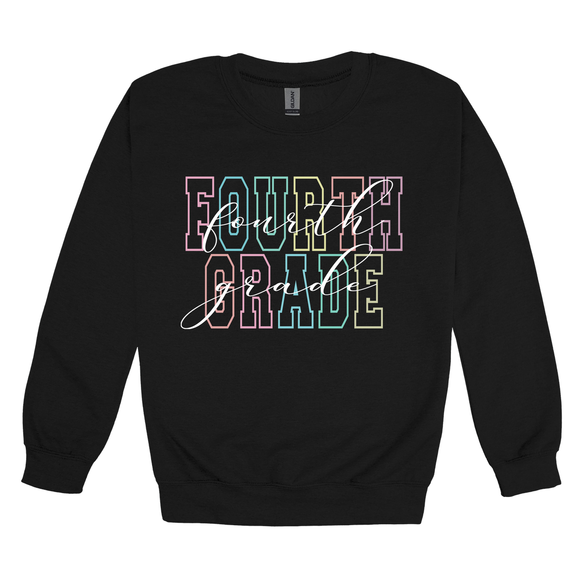 Fourth Grade design shown on Black adult Gildan crewneck sweatshirt.