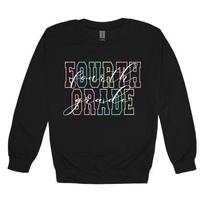 Fourth Grade design shown on Black adult Gildan crewneck sweatshirt.