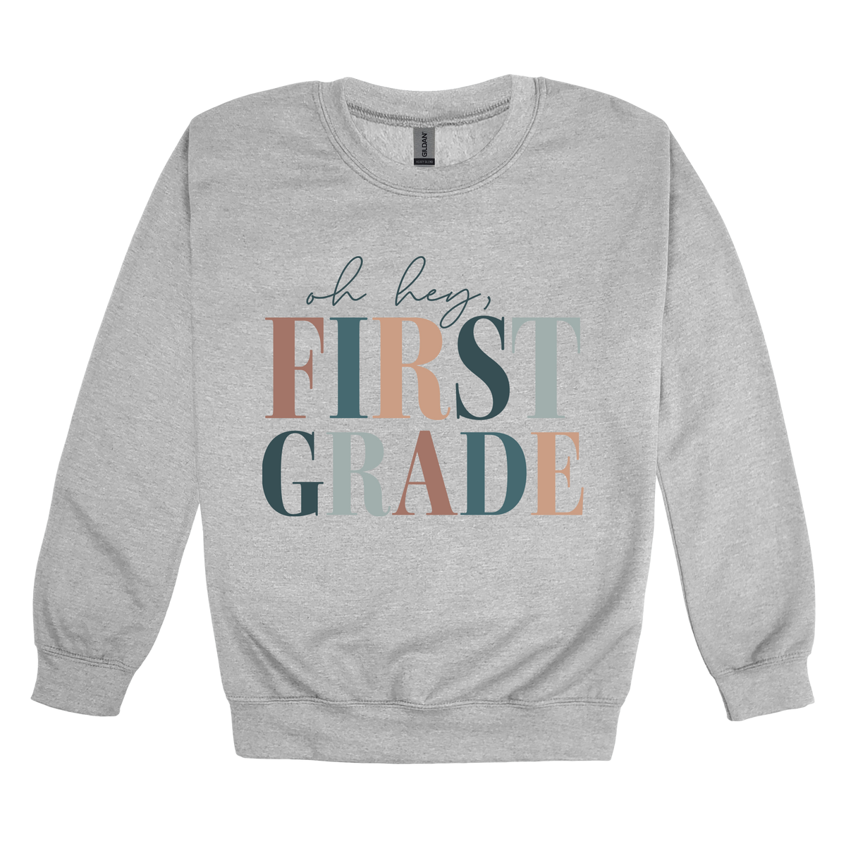 Oh Hey First Grade design shown on Sport Gray adult Gildan crewneck sweatshirt.