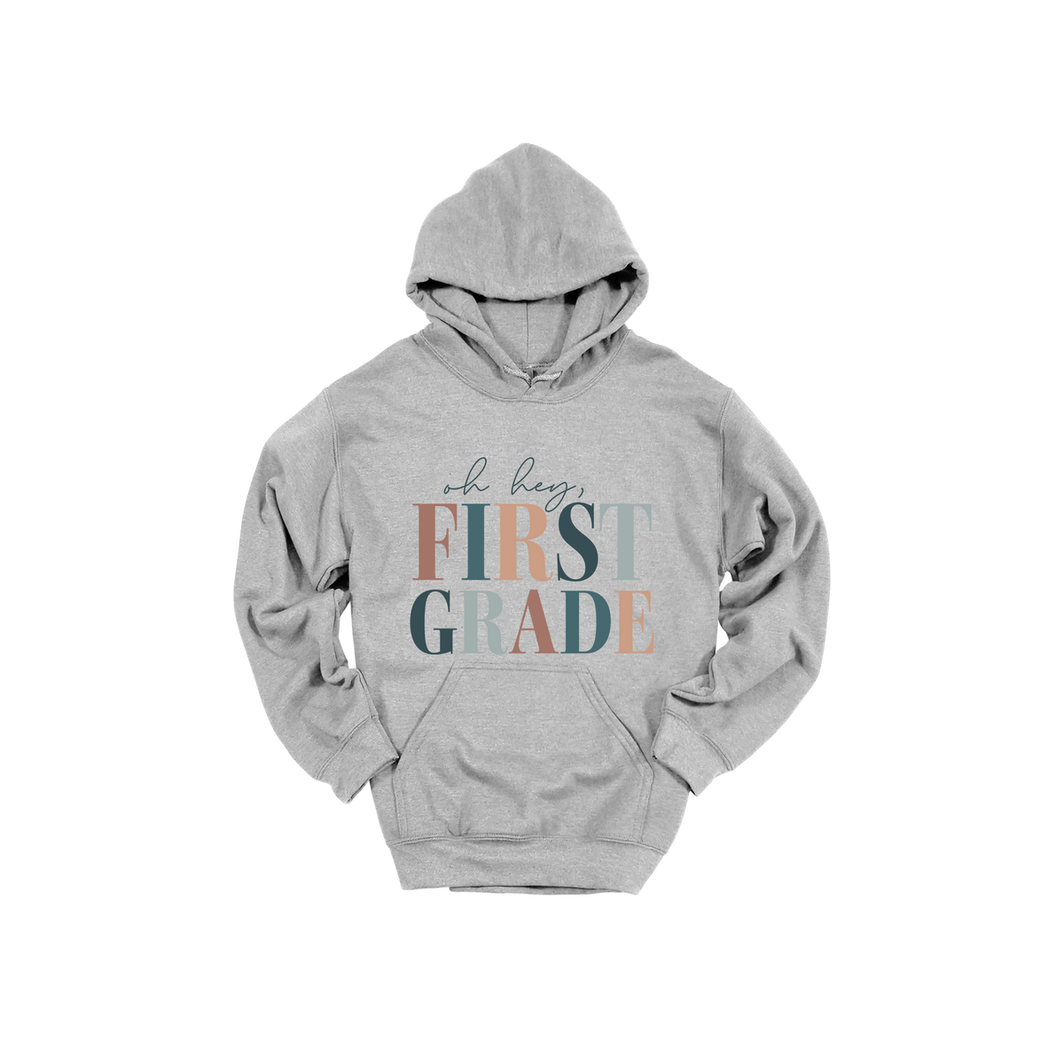 Oh Hey First Grade design shown on Sport Gray adult Gildan hoodie.