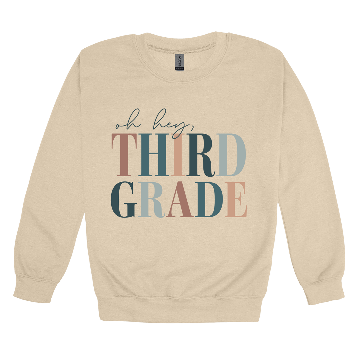 Oh Hey Third Grade design shown on Sand adult Gildan crewneck sweatshirt.