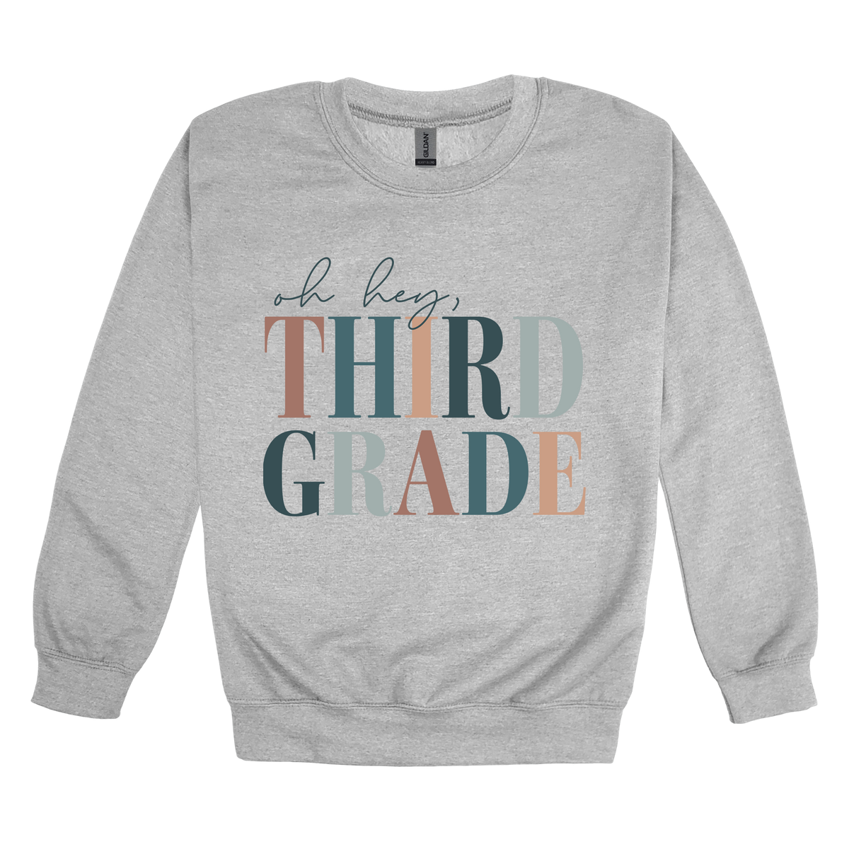 Oh Hey Third Grade design shown on Sport Gray adult Gildan crewneck sweatshirt.