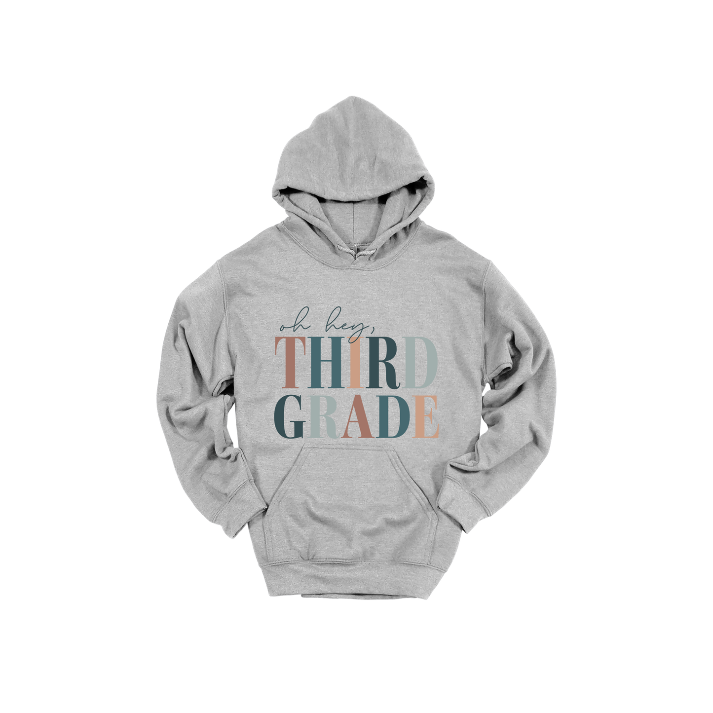 Oh Hey Third Grade design shown on Sport Gray adult Gildan hoodie.