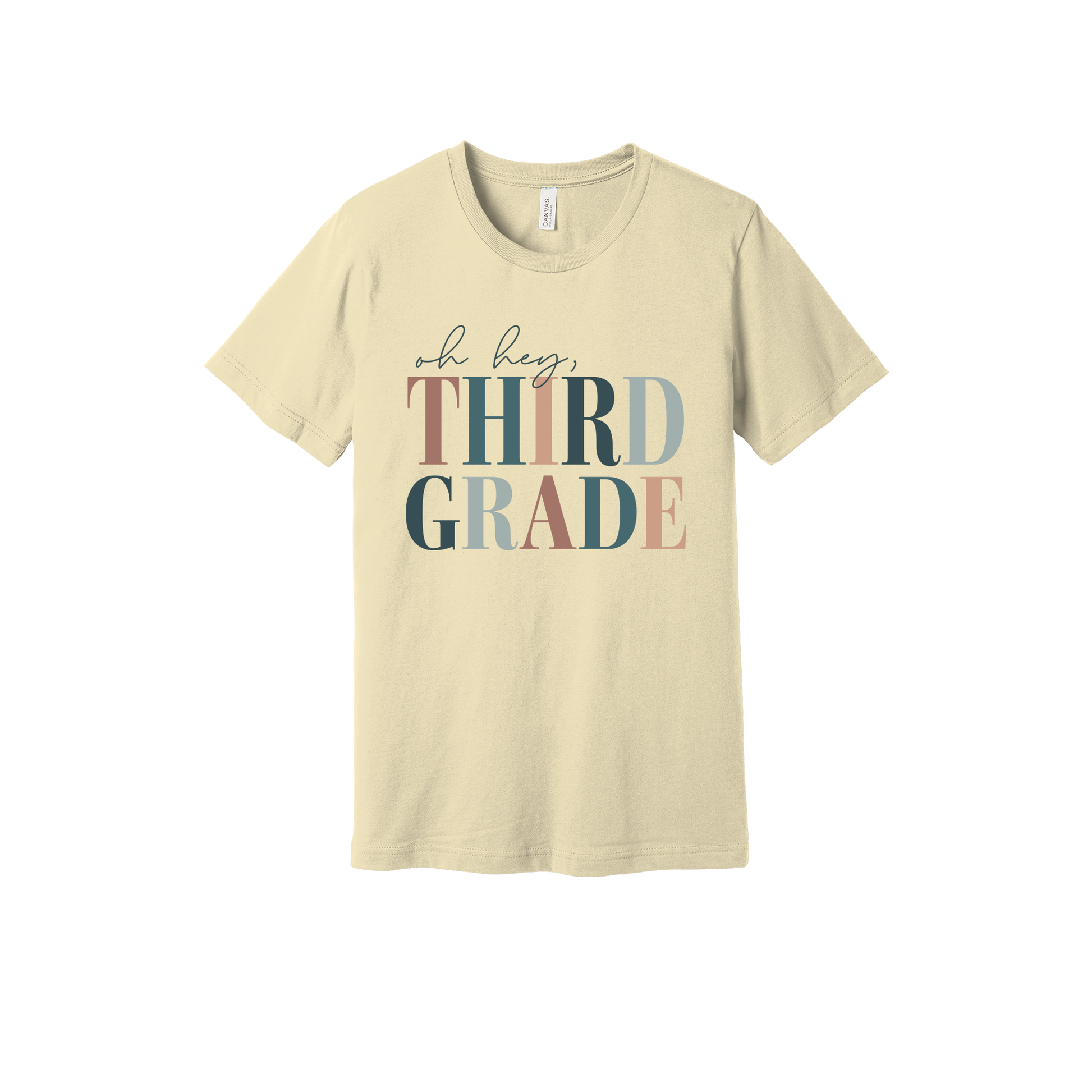 Oh Hey Third Grade design shown on Natural adult Bella+Canvas 3001 T-shirt.