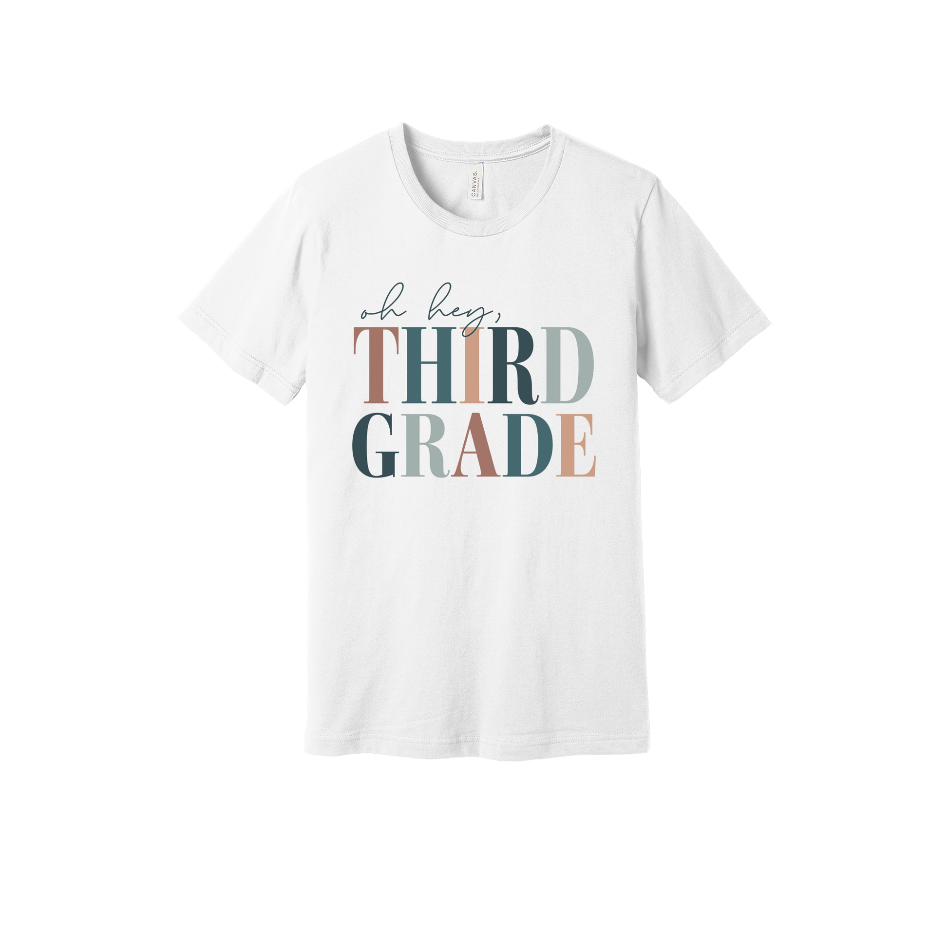 Oh Hey Third Grade design shown on White adult Bella+Canvas 3001 T-shirt.
