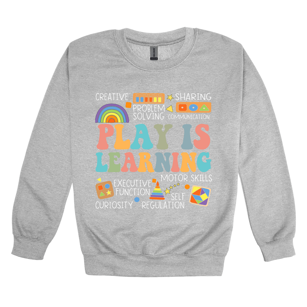 Play Is Learning design shown on Sport Gray adult Gildan crewneck sweatshirt.