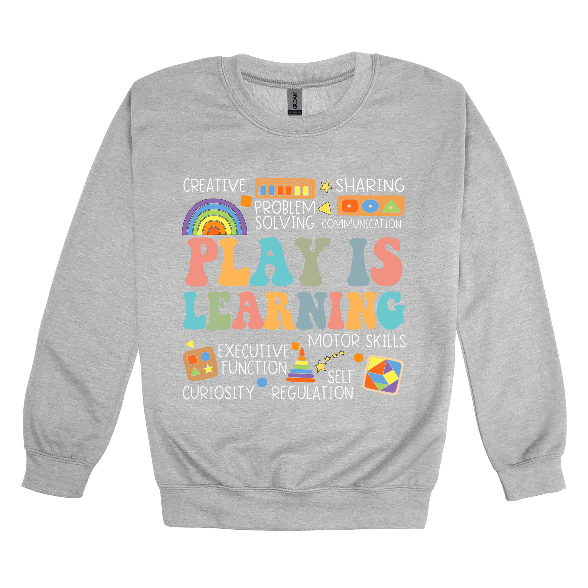 Play Is Learning design shown on Sport Gray adult Gildan crewneck sweatshirt.