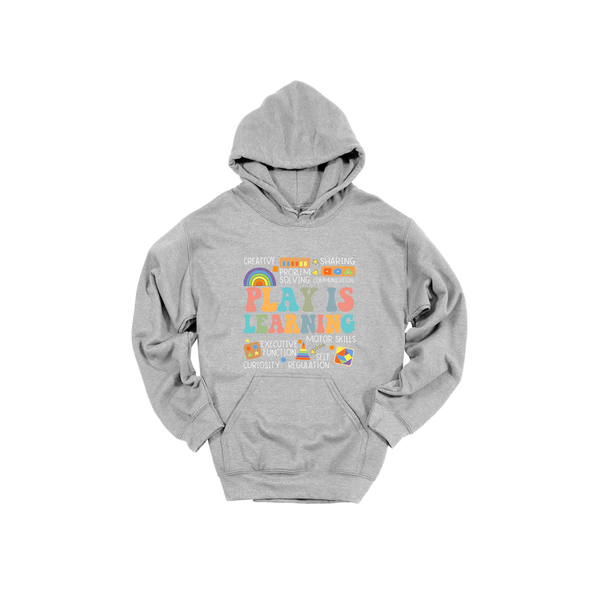 Play Is Learning design shown on Sport Gray adult Gildan hoodie.