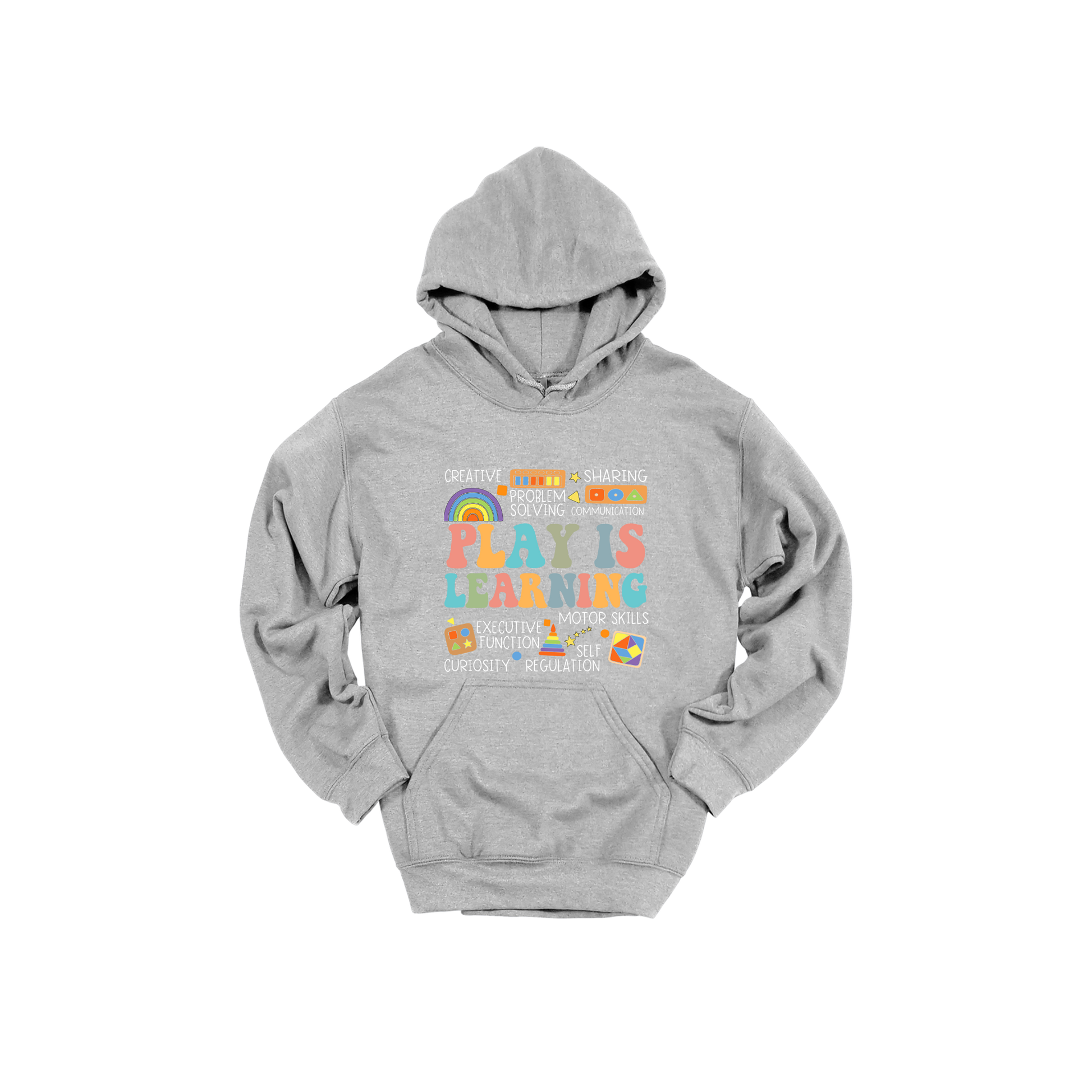 Play Is Learning design shown on Sport Gray adult Gildan hoodie.
