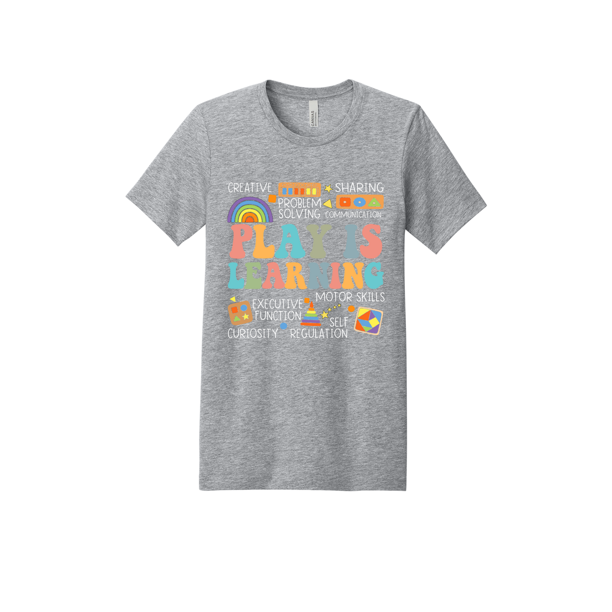 Play Is Learning design shown on Heather Athletic Gray adult Bella+Canvas 3001 T-shirt.