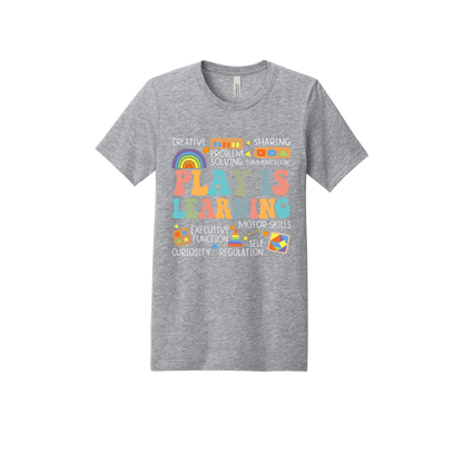 Play Is Learning design shown on Heather Athletic Gray adult Bella+Canvas 3001 T-shirt.