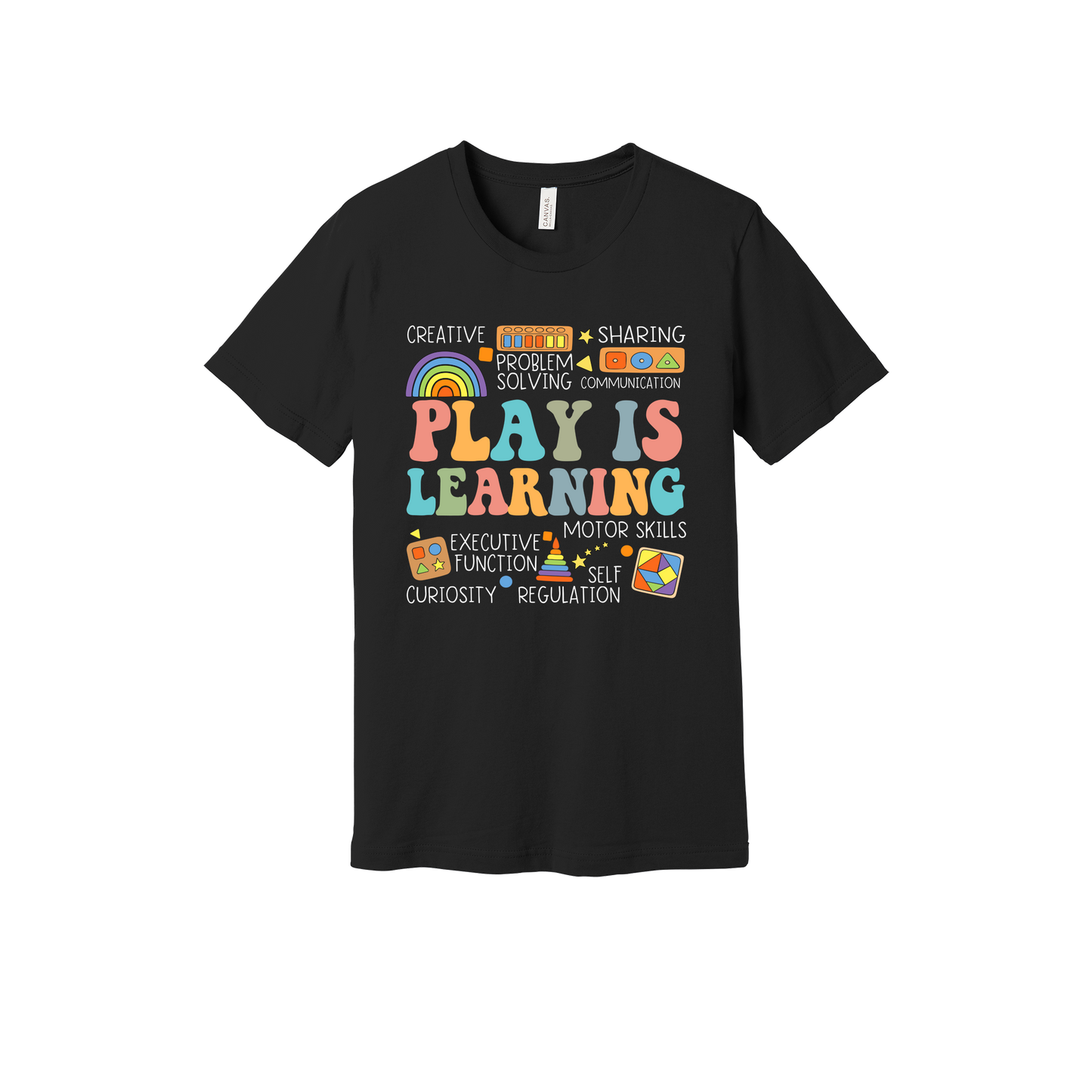 Play Is Learning design shown on Black adult Bella+Canvas 3001 T-shirt.