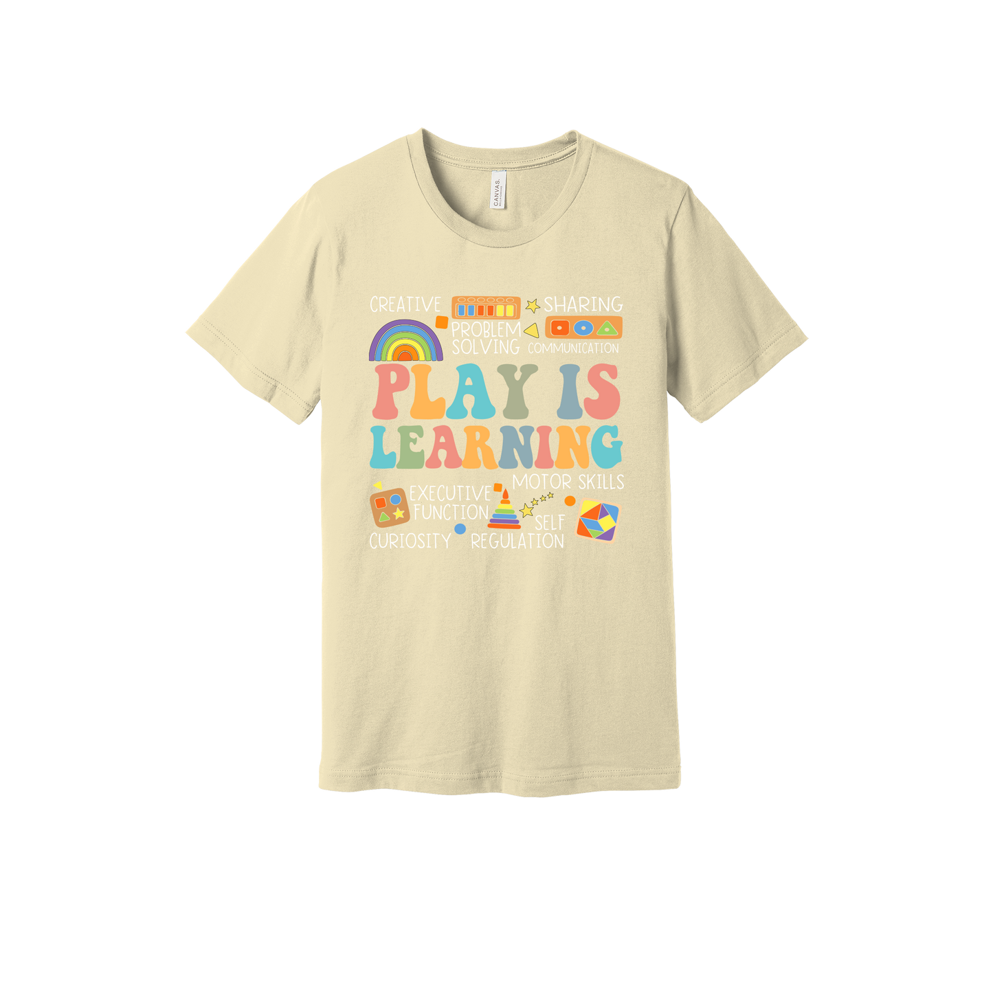Play Is Learning design shown on Natural adult Bella+Canvas 3001 T-shirt.