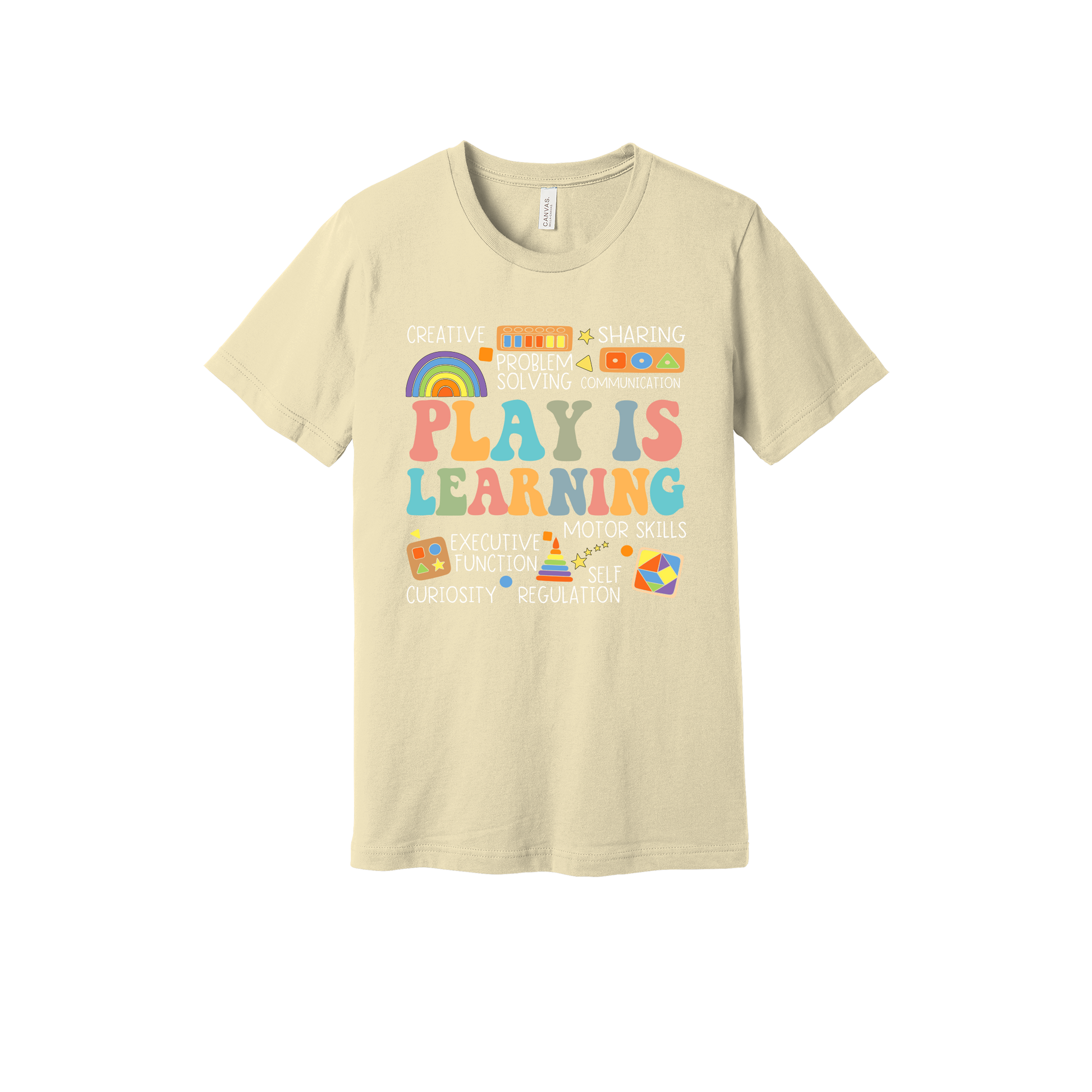 Play Is Learning design shown on Natural adult Bella+Canvas 3001 T-shirt.