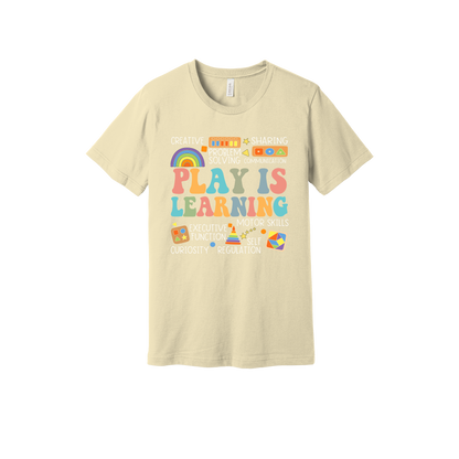 Play Is Learning design shown on Natural adult Bella+Canvas 3001 T-shirt.