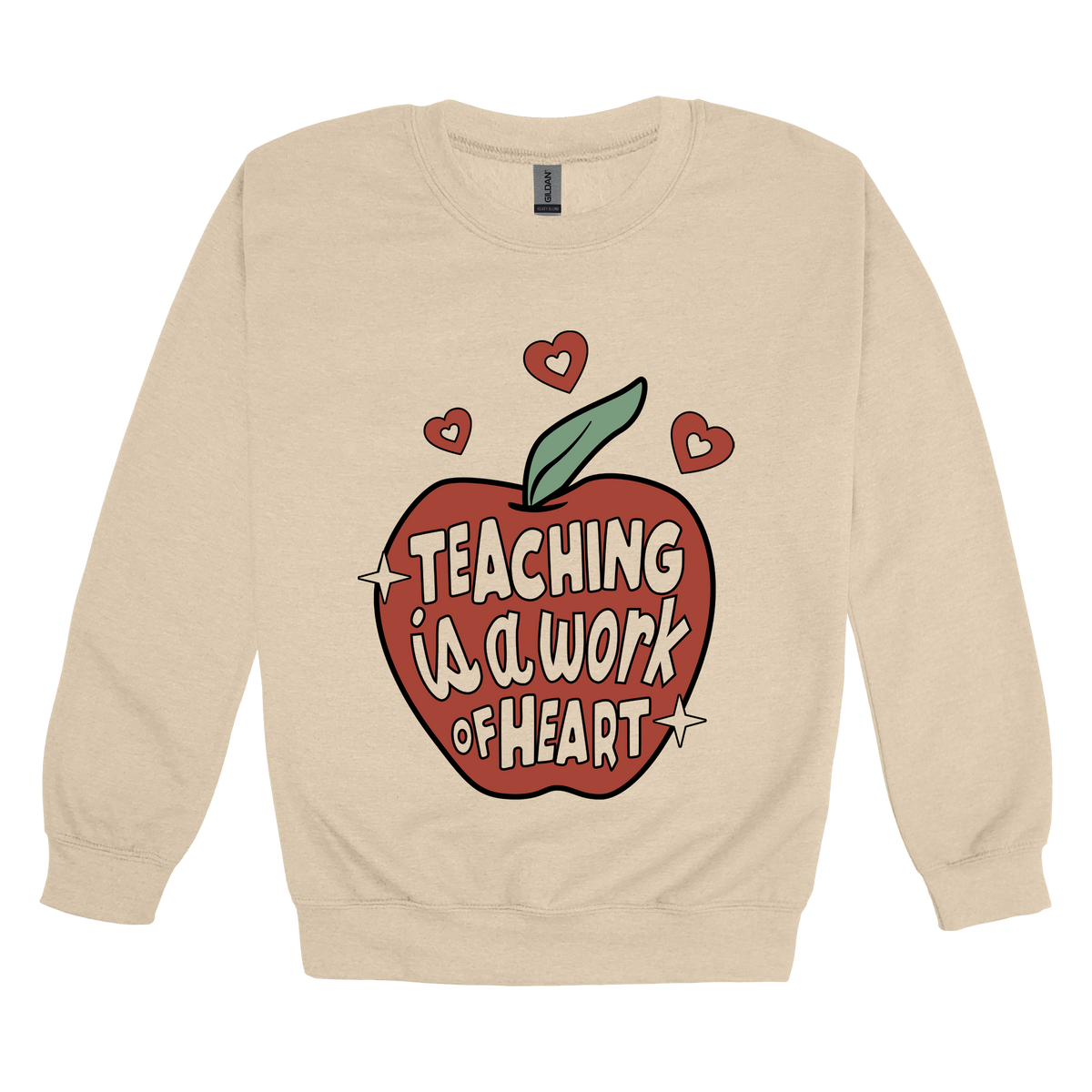 Teaching Is a Work of Heart design shown on Sand adult Gildan crewneck sweatshirt.