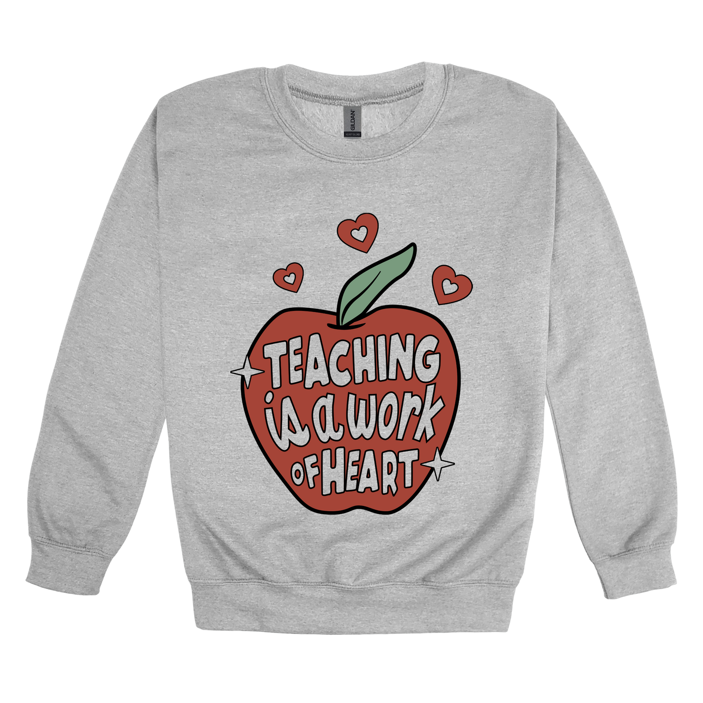 Teaching Is a Work of Heart design shown on Sport Gray adult Gildan crewneck sweatshirt.
