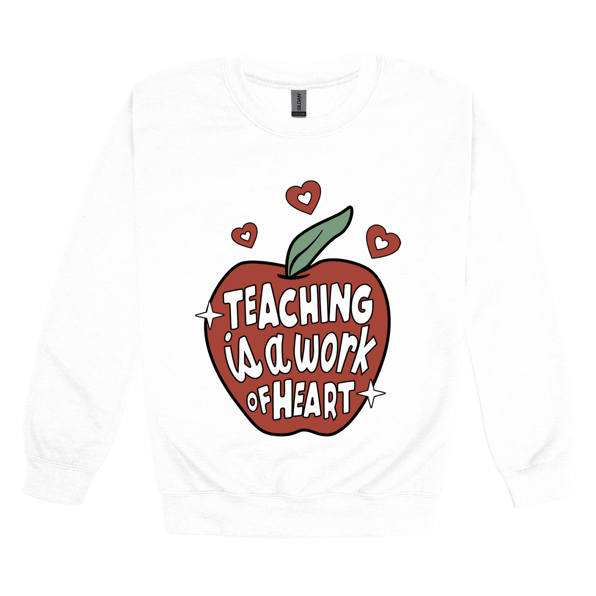 Teaching Is a Work of Heart design shown on White adult Gildan crewneck sweatshirt.
