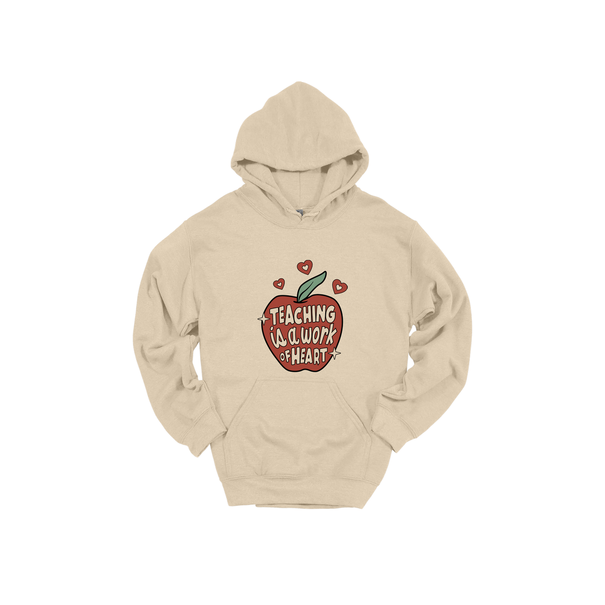 Teaching Is a Work of Heart design shown on Sand adult Gildan hoodie.