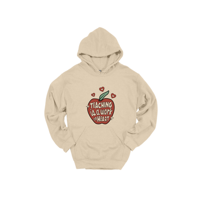 Teaching Is a Work of Heart design shown on Sand adult Gildan hoodie.