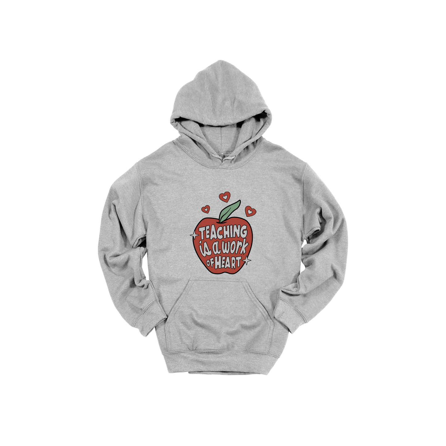 Teaching Is a Work of Heart design shown on Sport Gray adult Gildan hoodie.