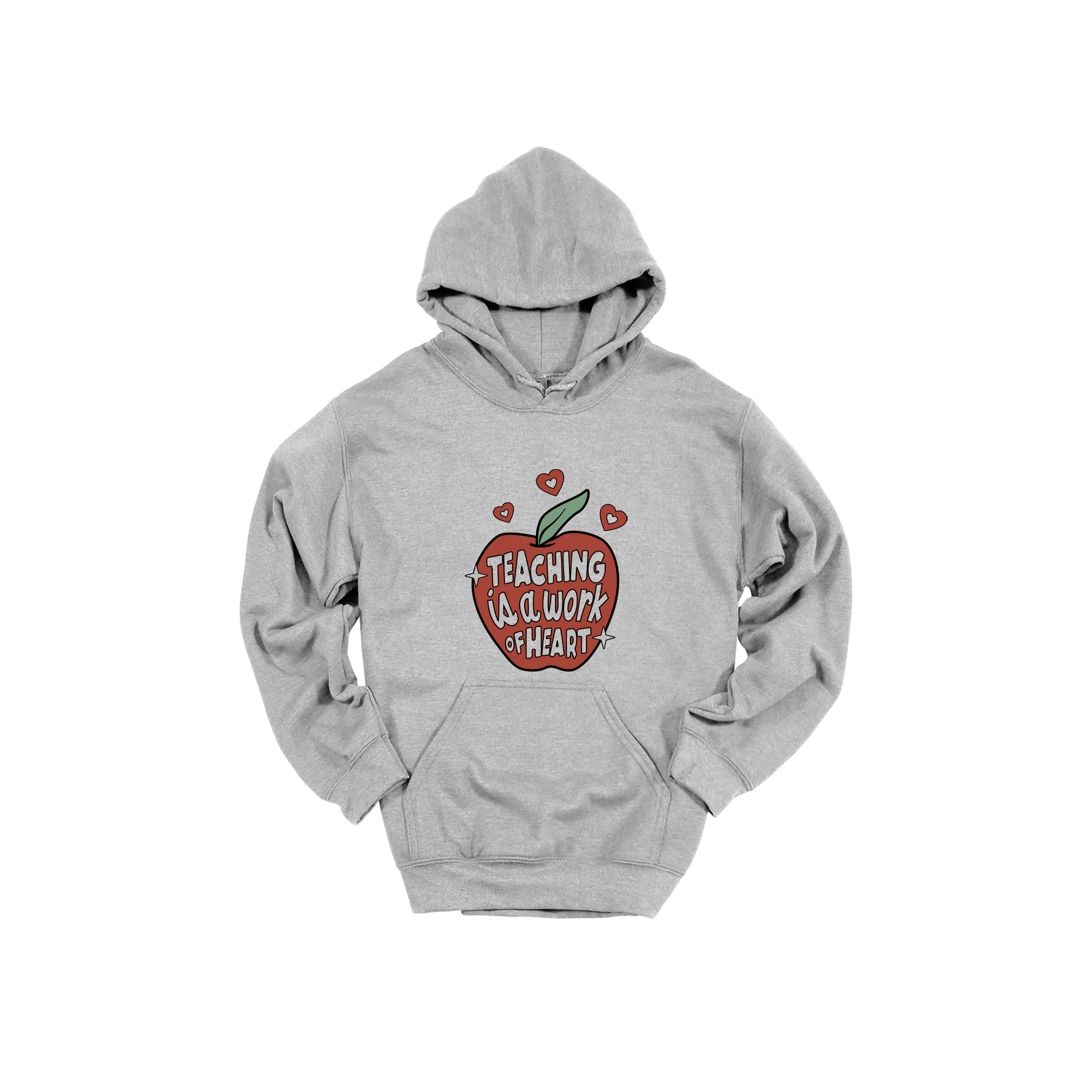 Teaching Is a Work of Heart design shown on Sport Gray adult Gildan hoodie.