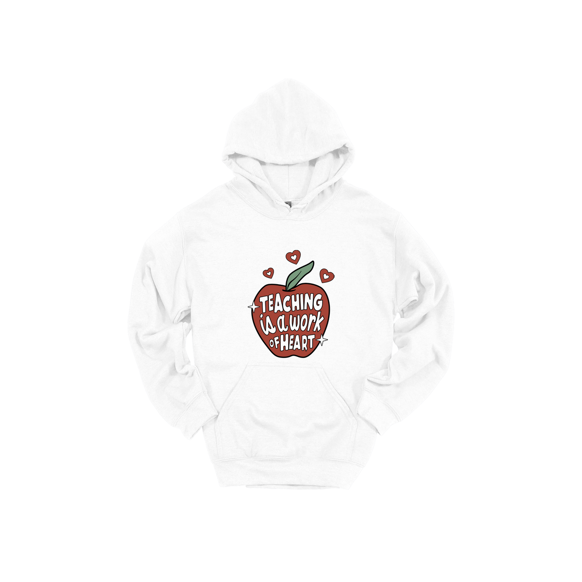 Teaching Is a Work of Heart design shown on White adult Gildan hoodie.