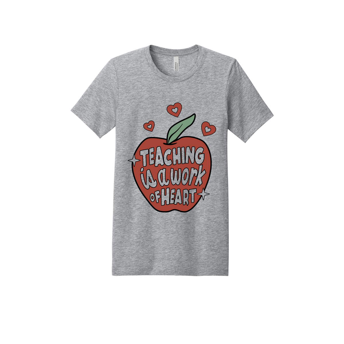 Teaching Is a Work of Heart design shown on Heather Athletic Gray adult Bella+Canvas 3001 T-shirt.