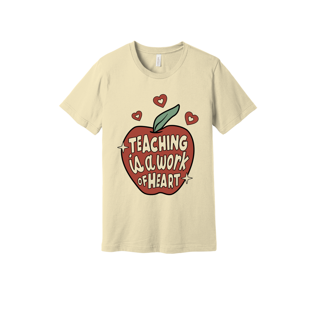 Teaching Is a Work of Heart design shown on Natural adult Bella+Canvas 3001 T-shirt.