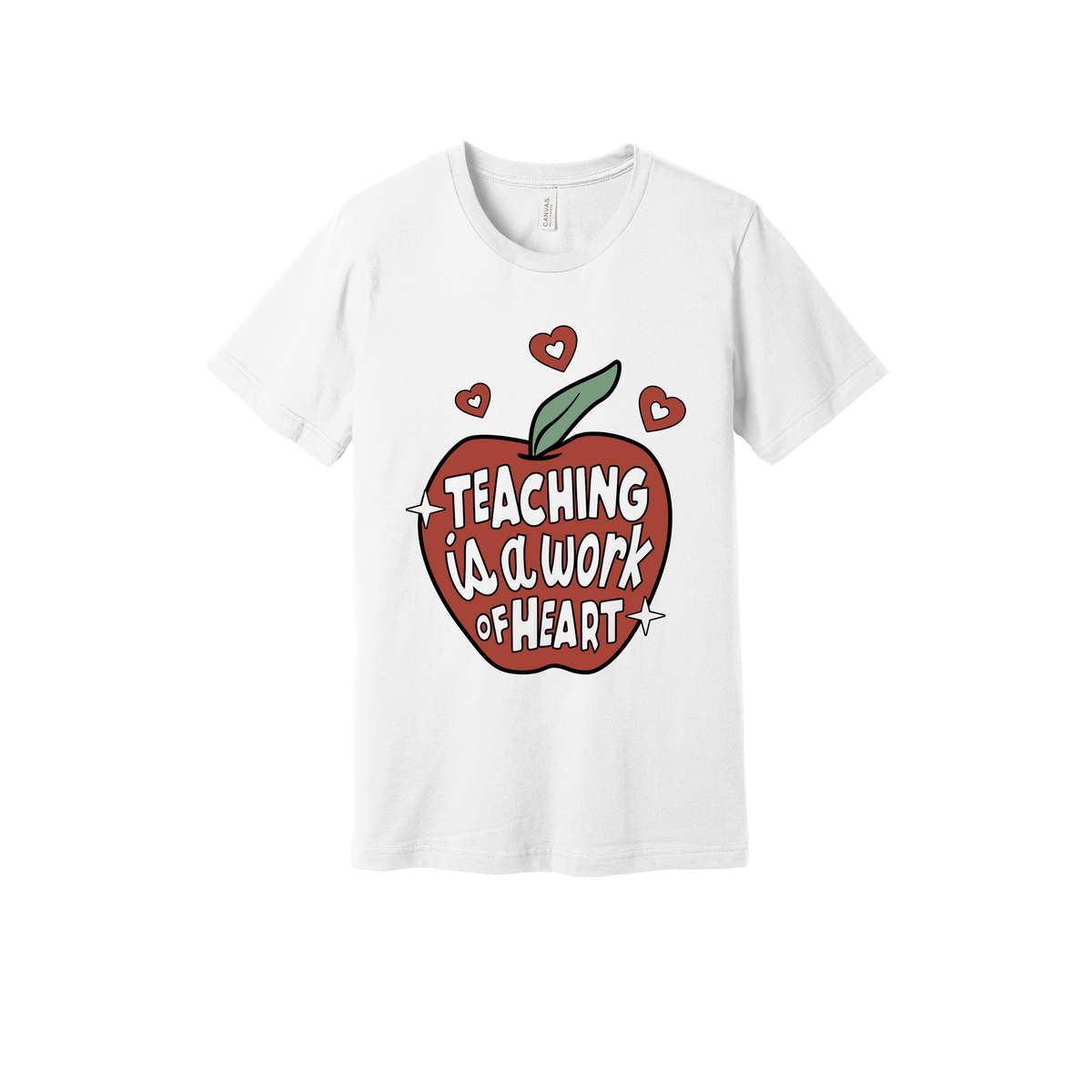 Teaching Is a Work of Heart design shown on White adult Bella+Canvas 3001 T-shirt.