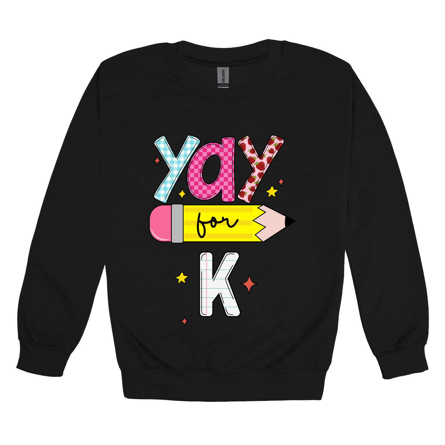 Yay for Kindergarten design shown on Black adult Gildan crewneck sweatshirt.