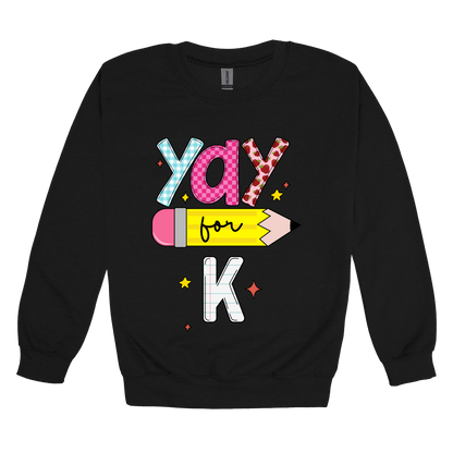 Yay for Kindergarten design shown on Black adult Gildan crewneck sweatshirt.