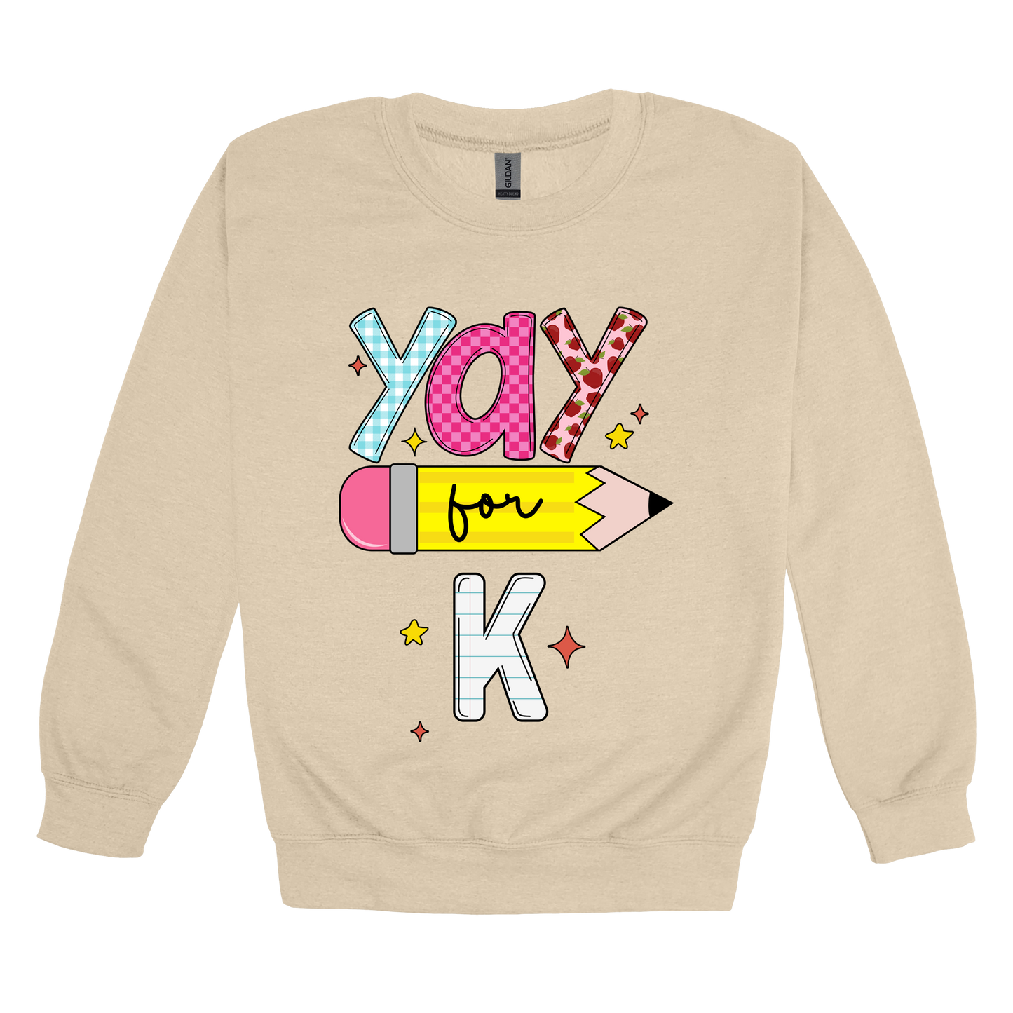 Yay for Kindergarten design shown on Sand adult Gildan crewneck sweatshirt.