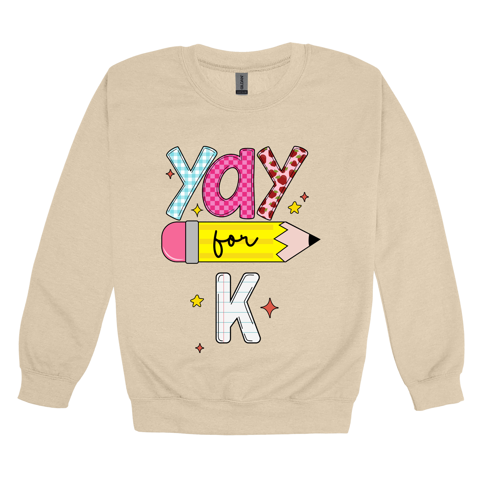 Yay for Kindergarten design shown on Sand adult Gildan crewneck sweatshirt.