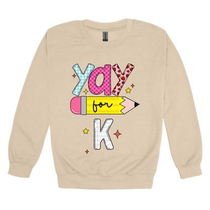 Yay for Kindergarten design shown on Sand adult Gildan crewneck sweatshirt.