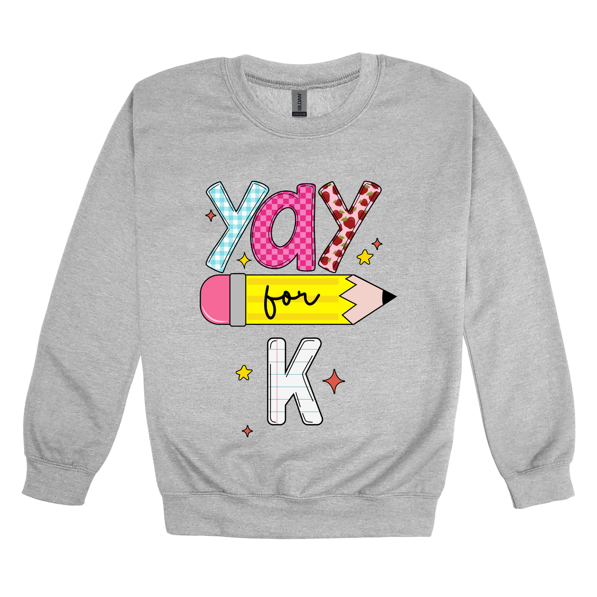 Yay for Kindergarten design shown on Sport Gray adult Gildan crewneck sweatshirt.