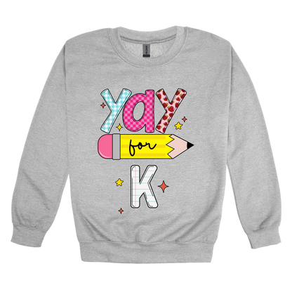 Yay for Kindergarten design shown on Sport Gray adult Gildan crewneck sweatshirt.