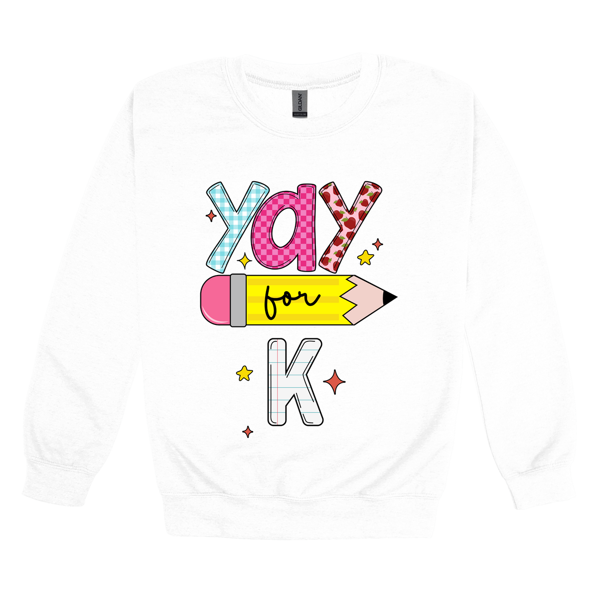 Yay for Kindergarten design shown on White adult Gildan crewneck sweatshirt.