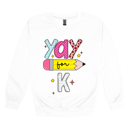 Yay for Kindergarten design shown on White adult Gildan crewneck sweatshirt.