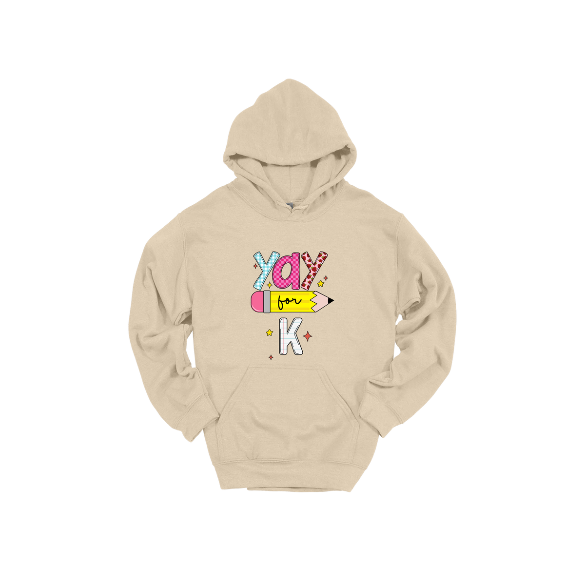 Yay for Kindergarten design shown on Sand adult Gildan hoodie.