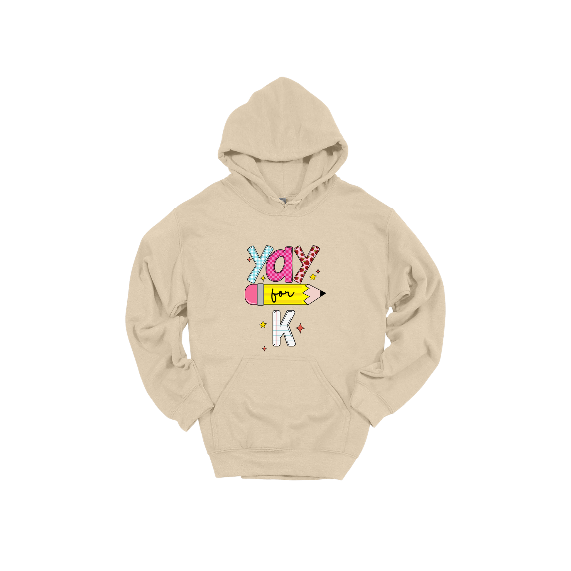Yay for Kindergarten design shown on Sand adult Gildan hoodie.