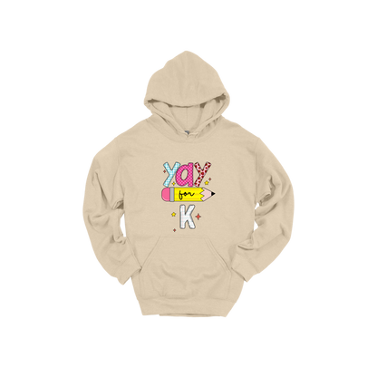 Yay for Kindergarten design shown on Sand adult Gildan hoodie.