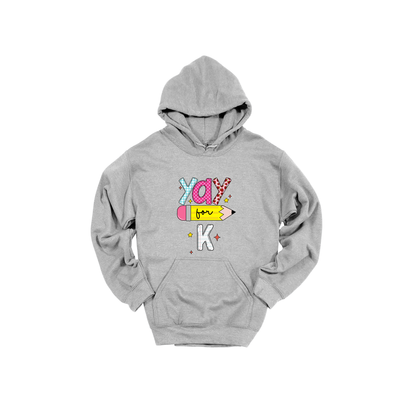 Yay for Kindergarten design shown on Sport Gray adult Gildan hoodie.