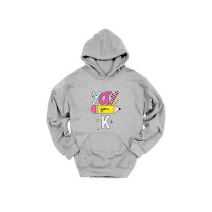 Yay for Kindergarten design shown on Sport Gray adult Gildan hoodie.