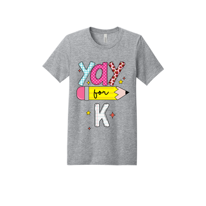 Yay for Kindergarten design shown on Heather Athletic Gray adult Bella+Canvas 3001 T-shirt.
